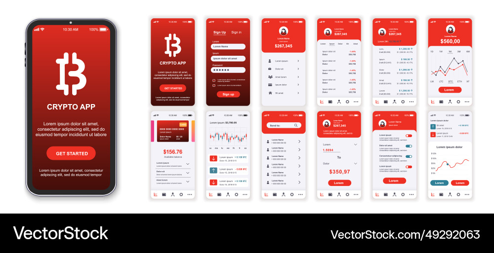 Crypto mobile app interface screens template set Crypto mobile app interface screens template set vector image