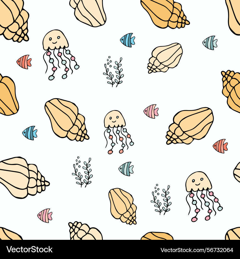 Seamless pattern with shells fish jellyfish Vector Image