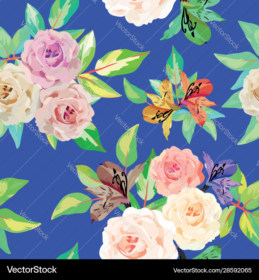 Roses & Blue Floral Pattern Vector Image