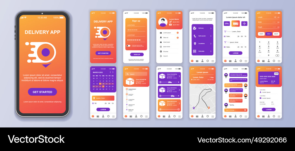 Delivery mobile app interface screens template set Delivery mobile app interface screens template set vector image
