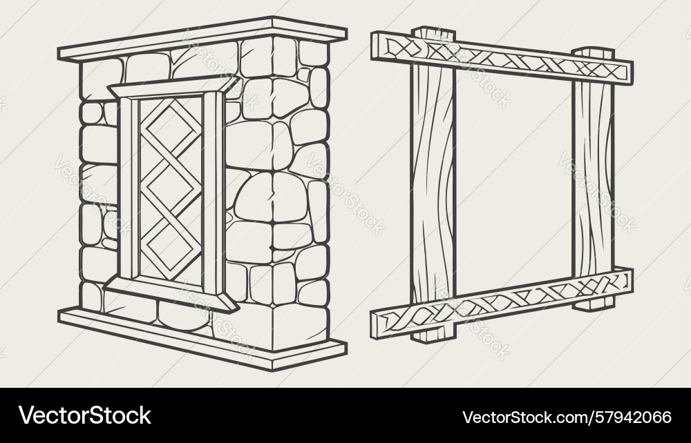 Rustic Stone & Wood Window Frames Set Vector Image