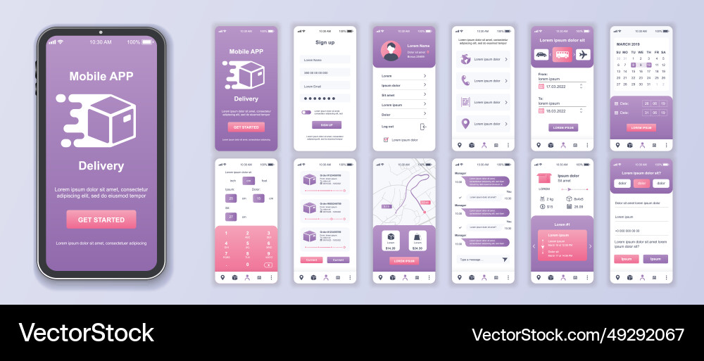 Delivery mobile app interface screens template set Delivery mobile app interface screens template set vector image