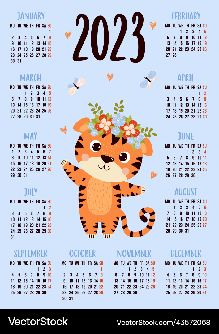 Annual calendar for 2023 with happy cute tiger Annual calendar for 2023 with happy cute tiger vector image