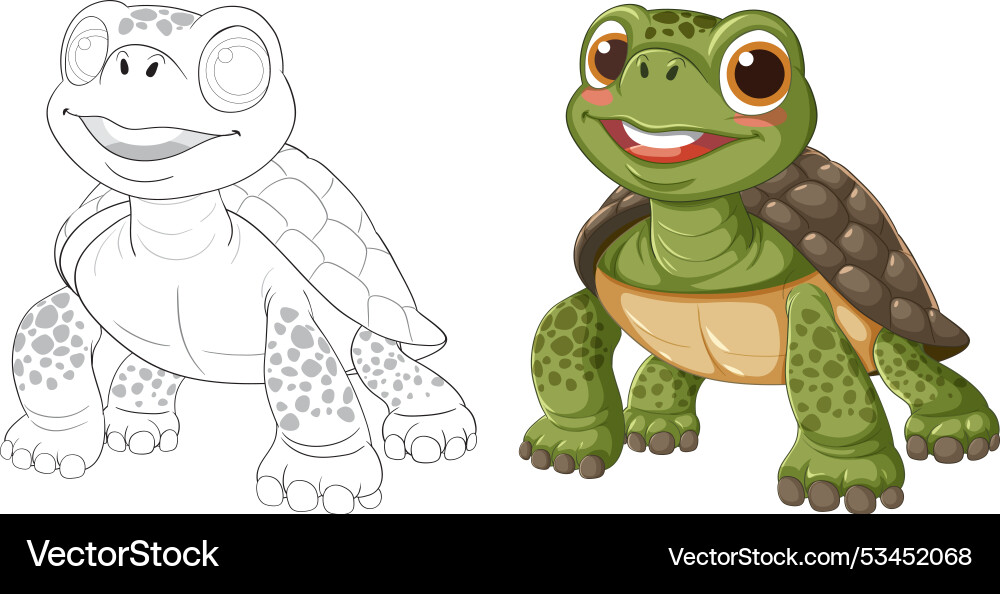 Smiling turtle in color and outline versions Vector Image