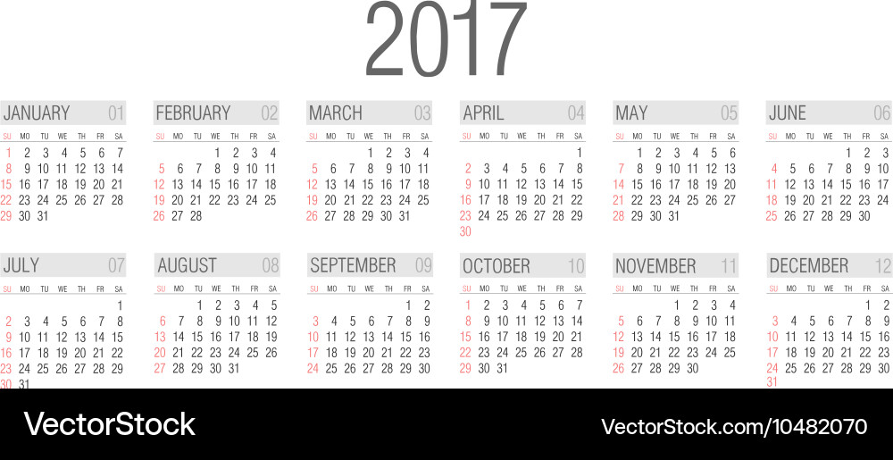 2017 Calendar - Simple Yearly View Vector Image