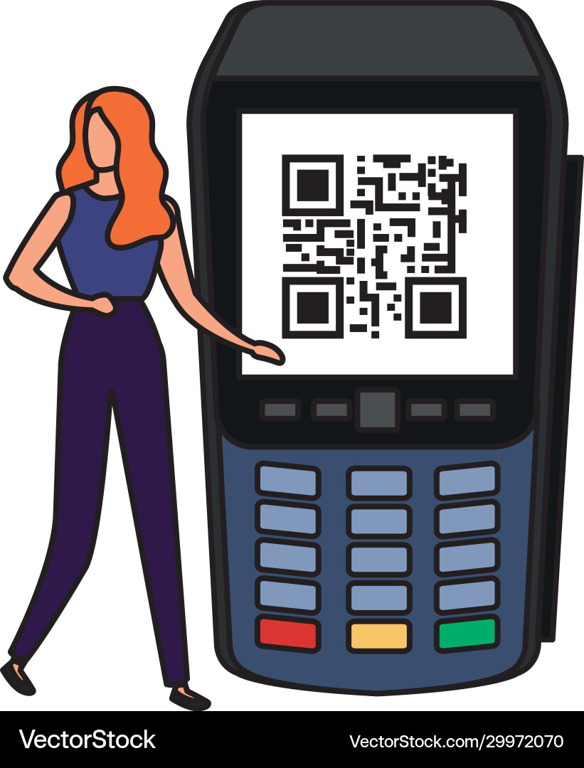 Businesswoman and dataphone with scan code qr Businesswoman and dataphone with scan code qr vector image