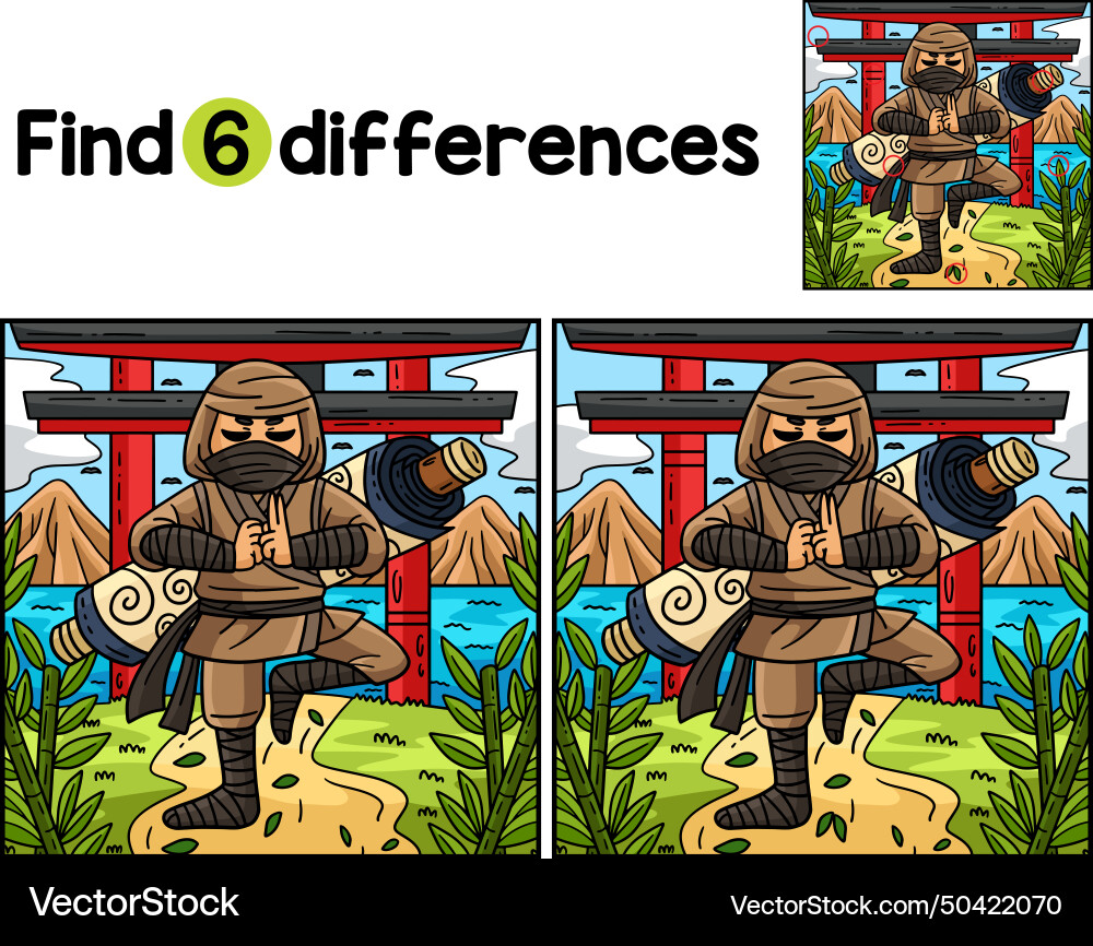 Ninja with a scroll on back find the differences Vector Image