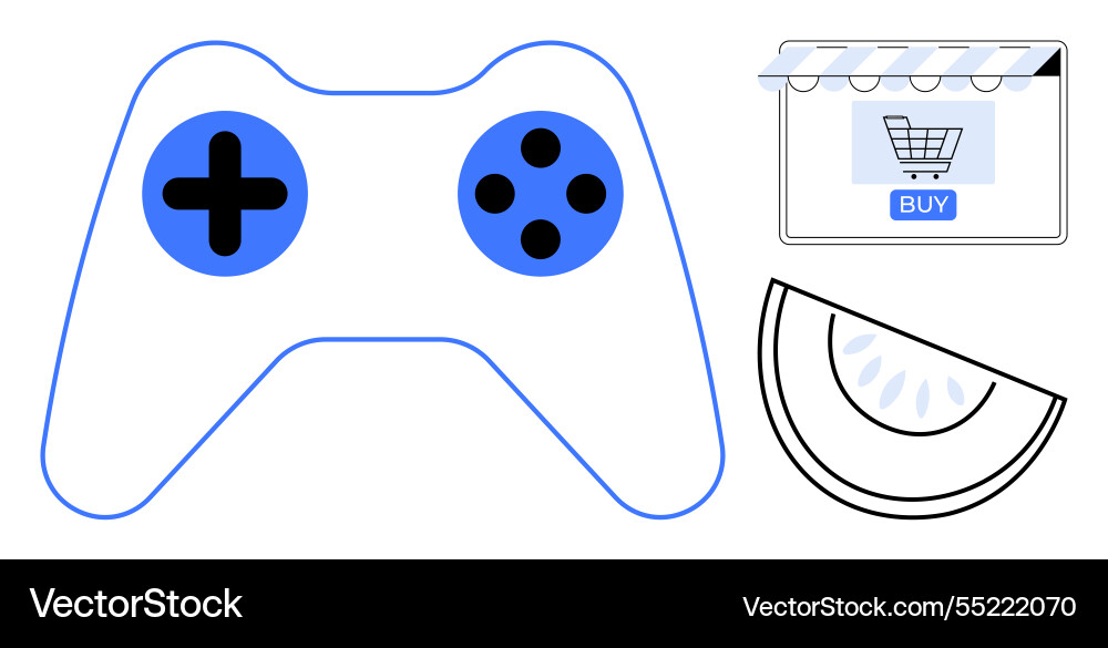 Video game controller with shopping cart and slice Video game controller with shopping cart and slice vector image