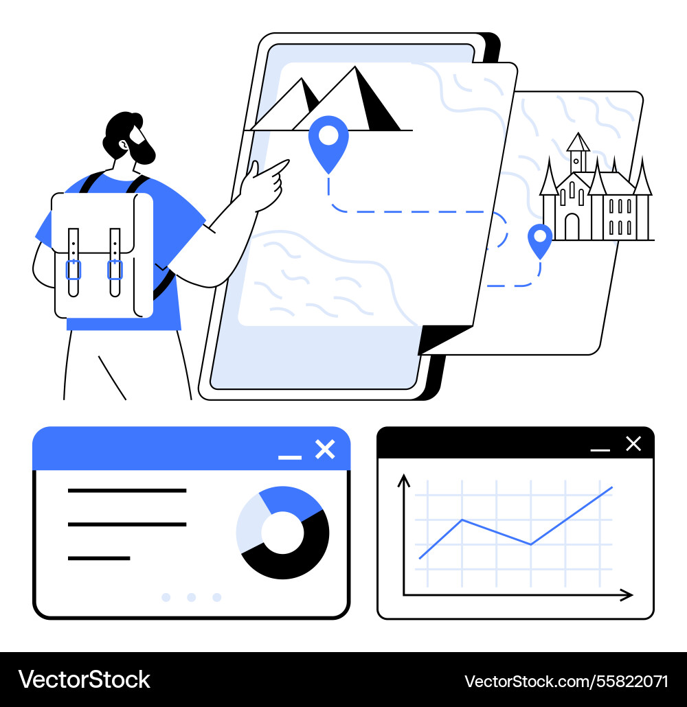 Adventurer exploring travel map with landmarks Adventurer exploring travel map with landmarks vector image