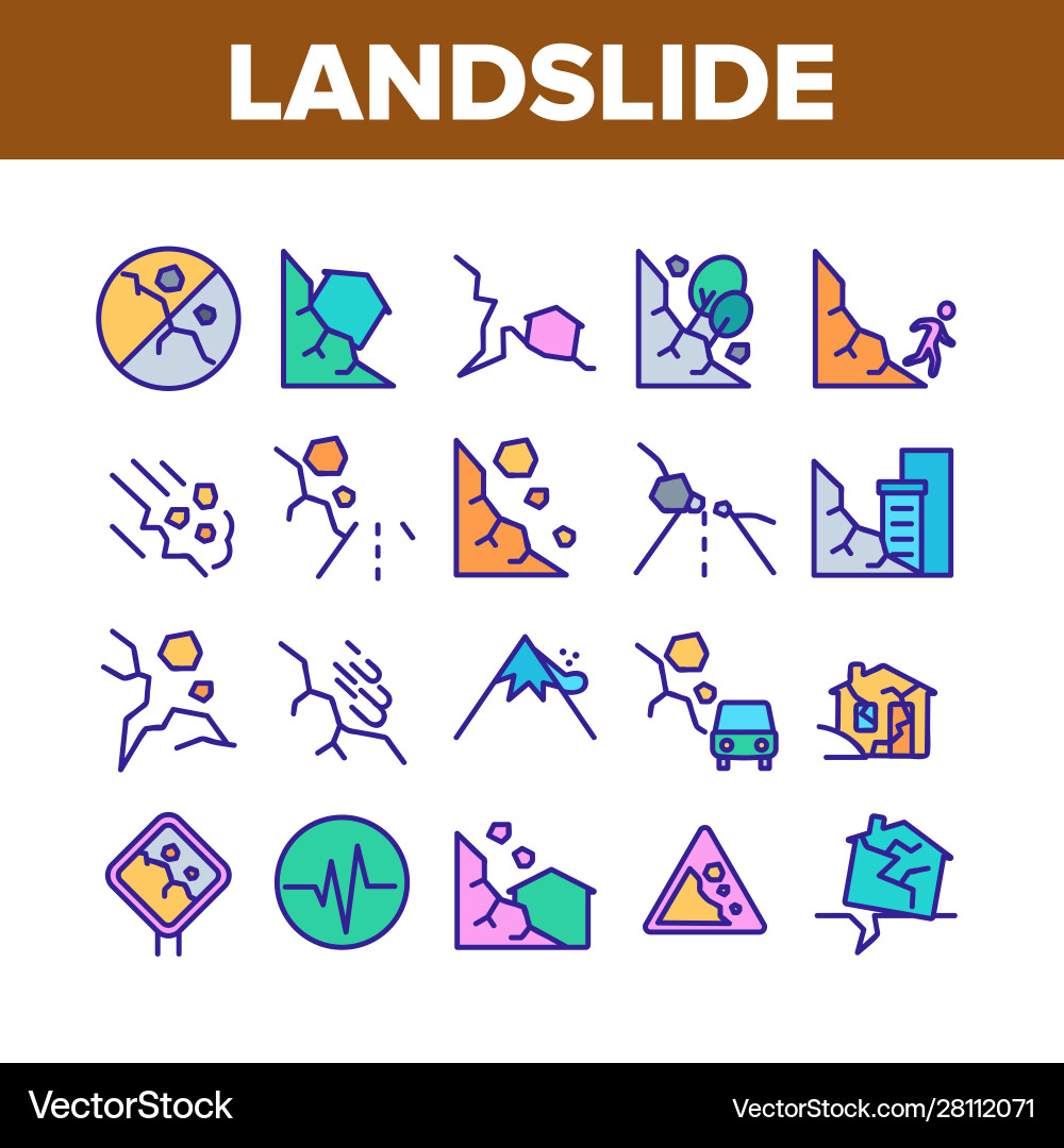 Landslide collection elements icons set Landslide collection elements icons set Vector Image