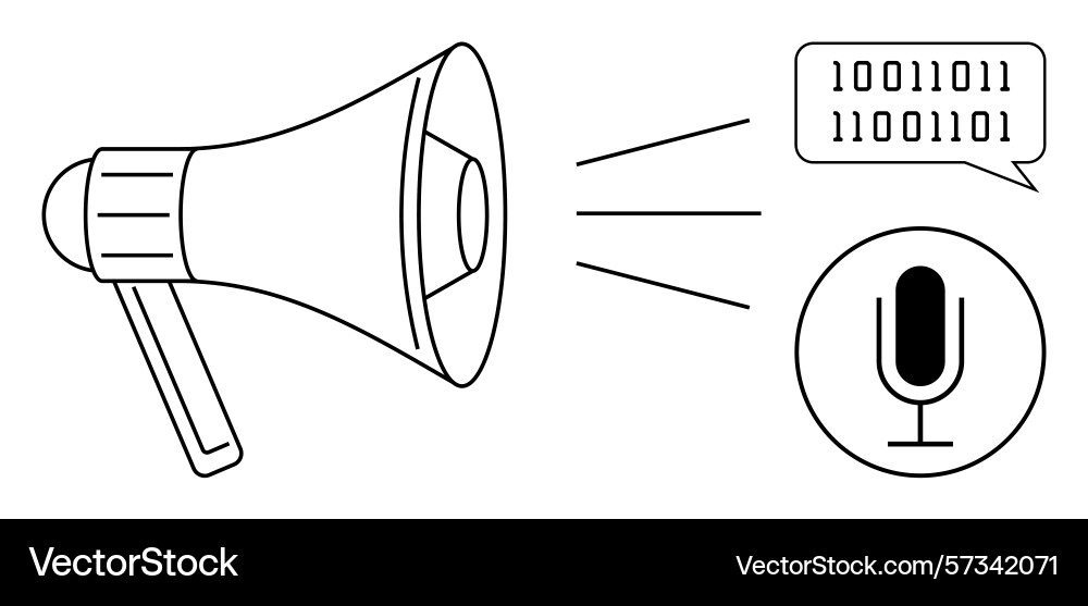 Megaphone broadcasting binary code with microphone Megaphone broadcasting binary code with microphone vector image