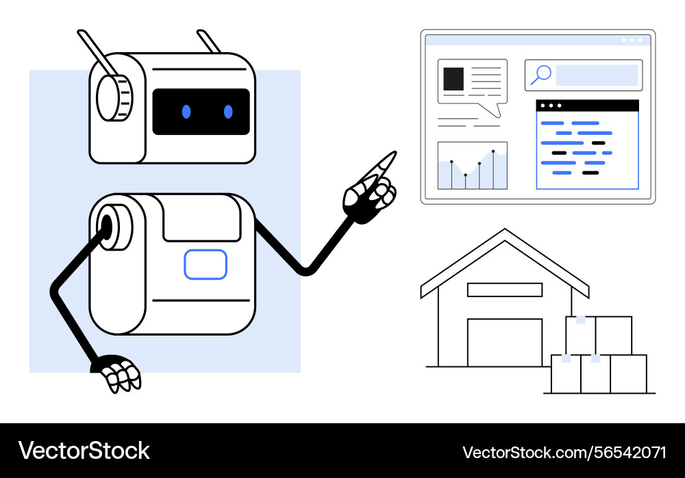 Robot explaining analytics dashboard and warehouse Robot explaining analytics dashboard and warehouse vector image