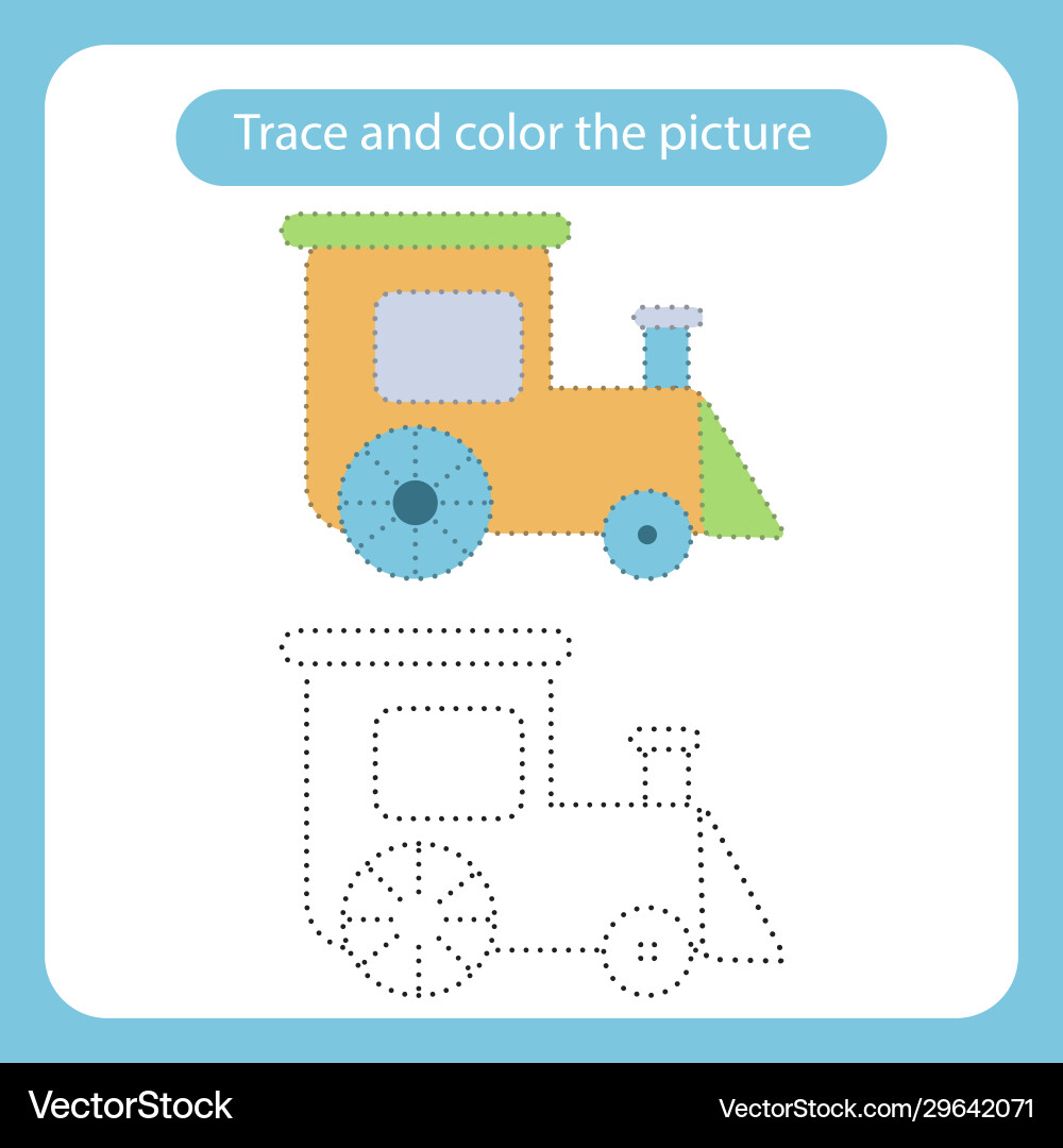 Train toy with simple shapes trace and color Train toy with simple shapes trace and color vector image