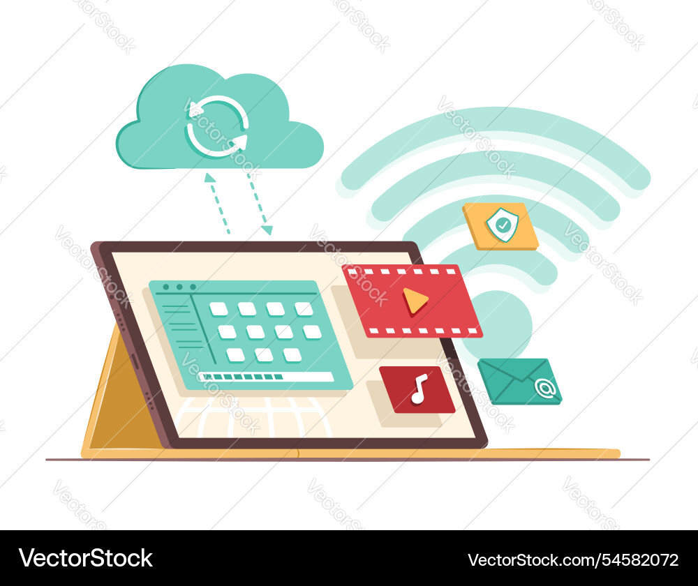 Laptop computer syncing data with cloud computing Laptop computer syncing data with cloud computing vector image
