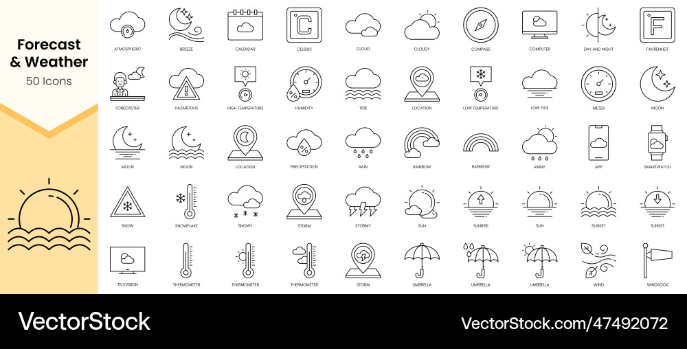 Simple outline set of forecast and weather icons Simple outline set of forecast and weather icons vector image