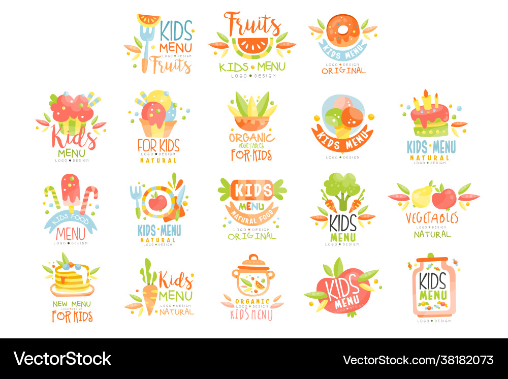 Kindermenü Logo Designvorlagen Set Bio Kindermenü Logo Designvorlagen Set Bio vektorbild
