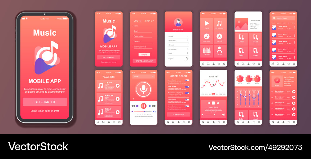 Music mobile app interface screens template set Music mobile app interface screens template set vector image