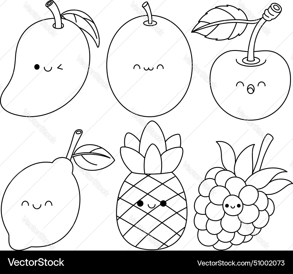 Set of cute kawaii fruit coloring page hand drawn Set of cute kawaii fruit coloring page hand drawn vector image