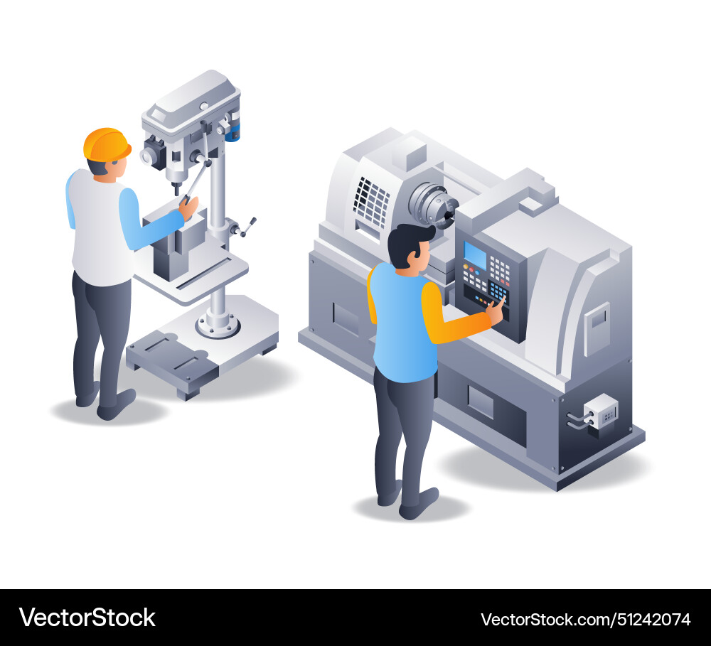 Cnc lathe and drill machine operator flat Cnc lathe and drill machine operator flat vector image