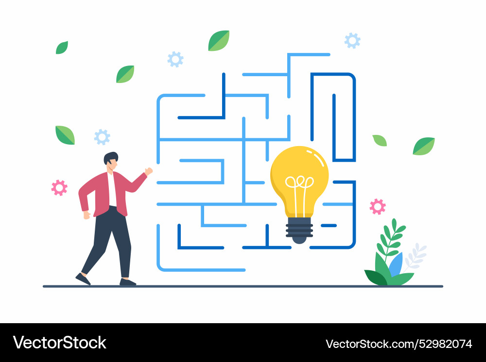 Flat of person navigating maze with lightbulb Flat of person navigating maze with lightbulb vector image