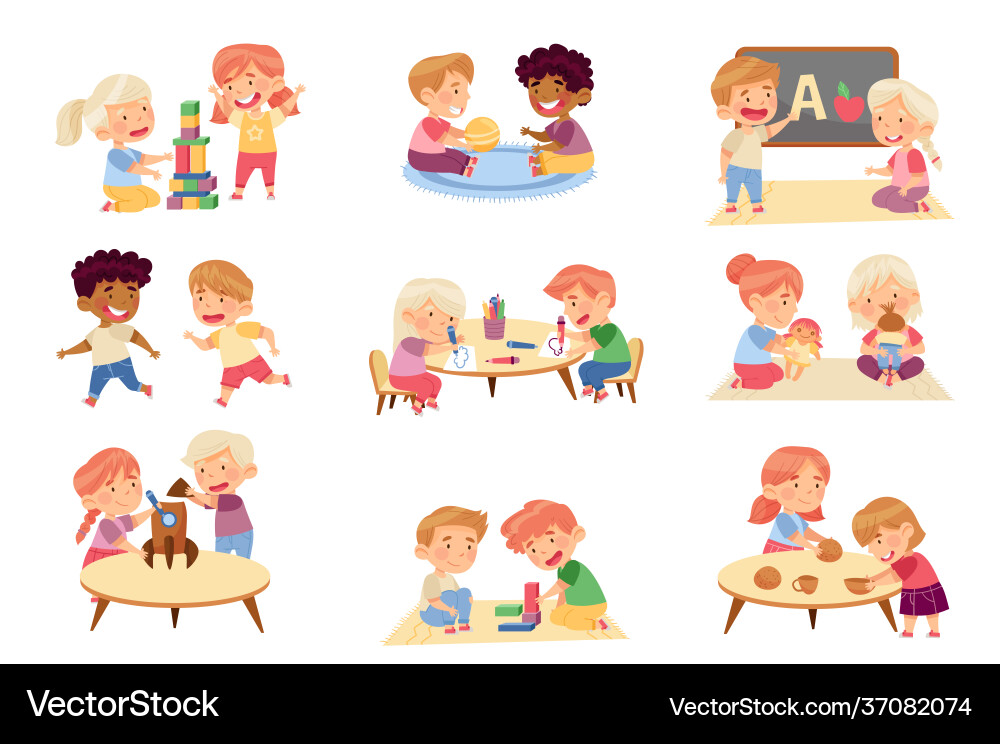 Kids playing toys and game in kindergarden running Kids playing toys and game in kindergarden running Vector Image