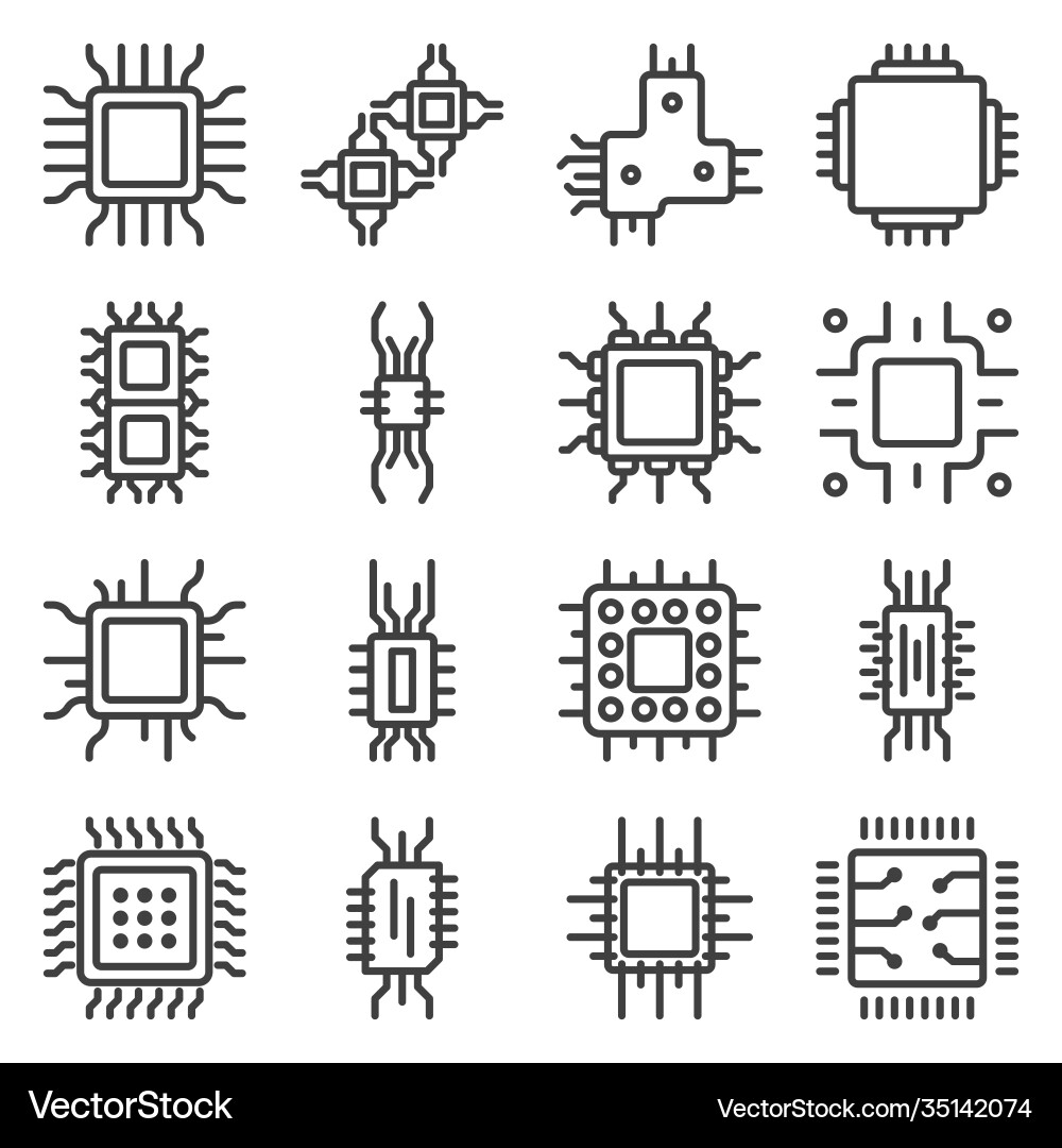 Processor microcircuit icons set a simple line Processor microcircuit icons set a simple line vector image
