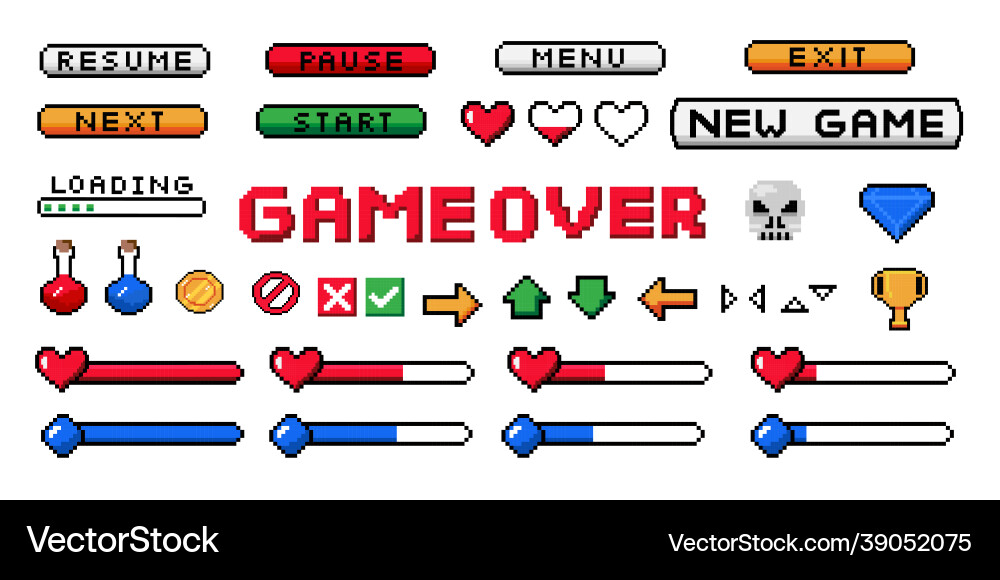 8-bit Pixel Game UI - Buttons & Arrows vector image