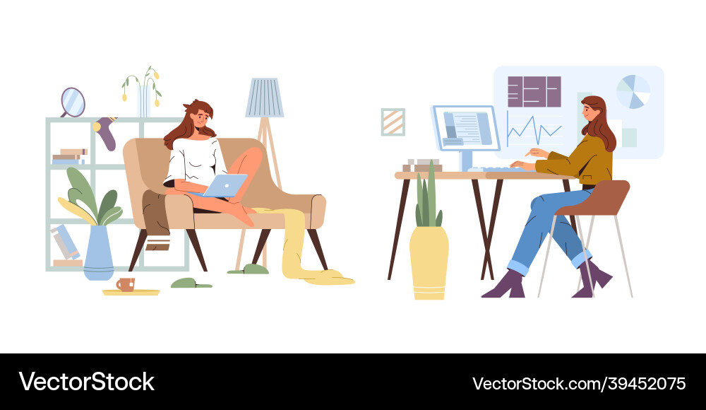 Arbeiten von zu Hause vs Büro Wohnung Arbeiten von zu Hause vs Büro Wohnung vektorbild
