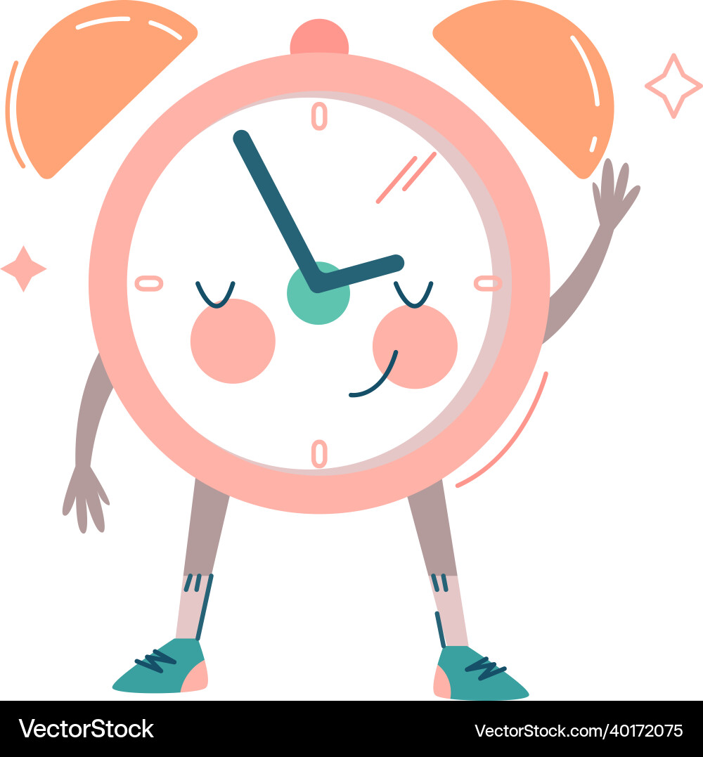 Funny clock character with smiling face waving Funny clock character with smiling face waving vector image