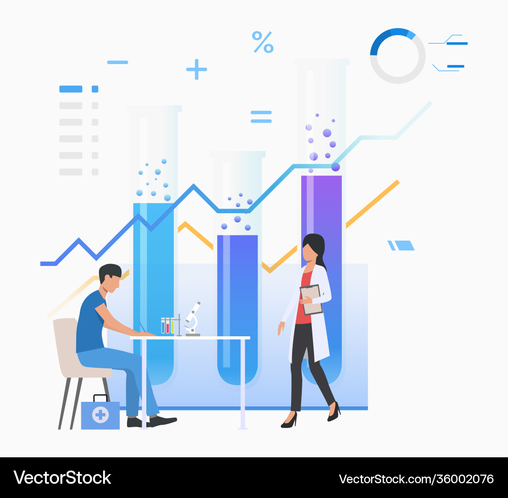Chemist and assistant working in lab against Chemist and assistant working in lab against vector image