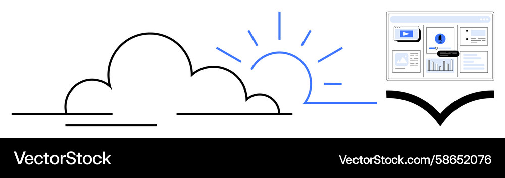 Cloud computing concept with rising sun and data Cloud computing concept with rising sun and data Vector Image