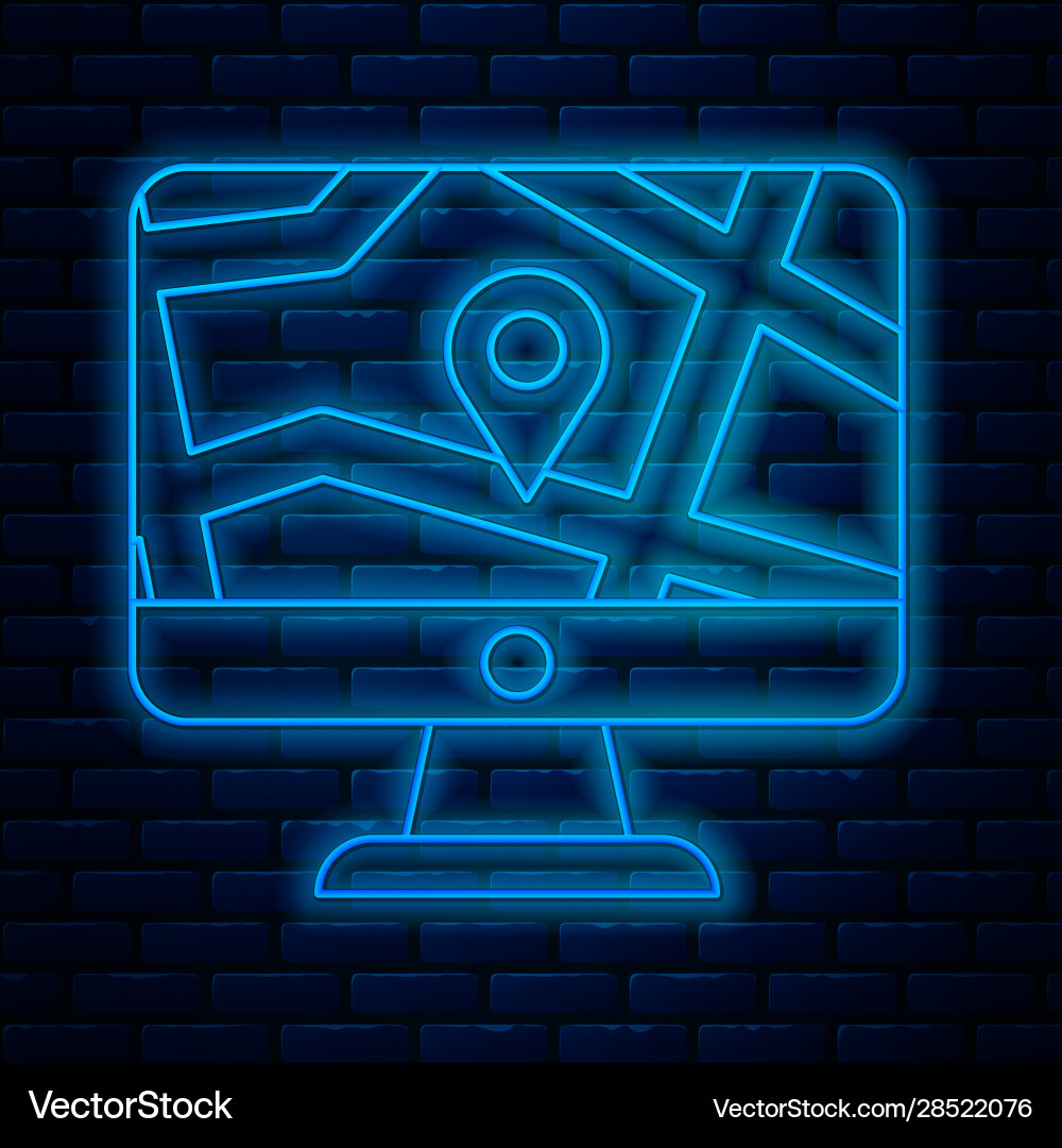 Glowing neon line computer monitor and folded map Glowing neon line computer monitor and folded map vector image