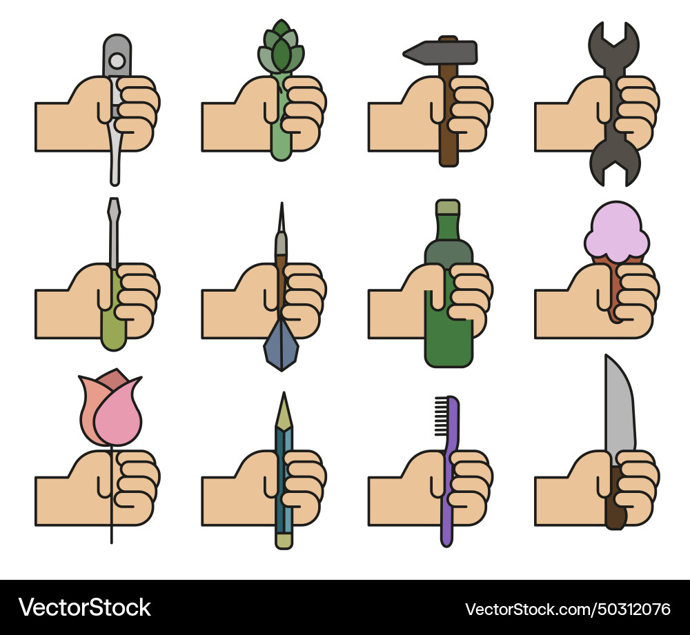 Hands holding things various objects in human Vector Image