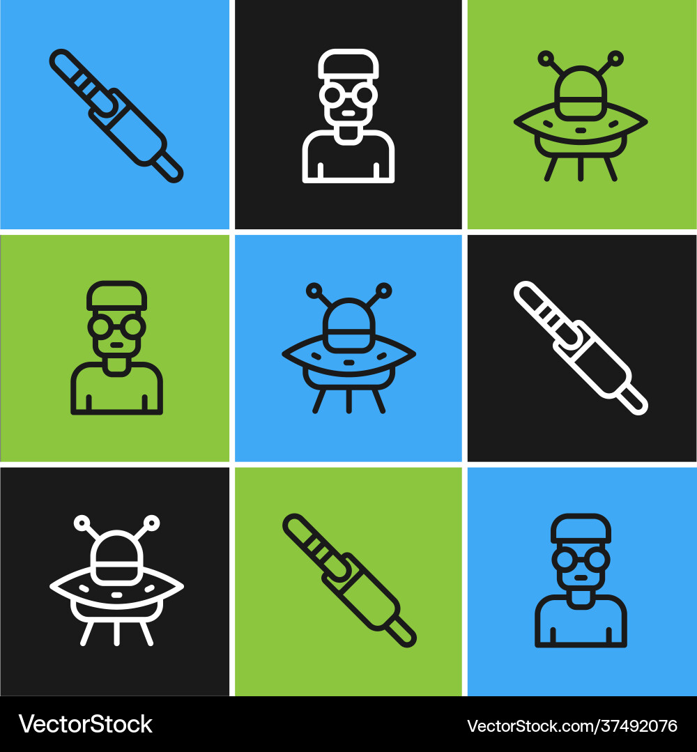 Set line audio jack ufo flying spaceship and nerd Set line audio jack ufo flying spaceship and nerd Vector Image