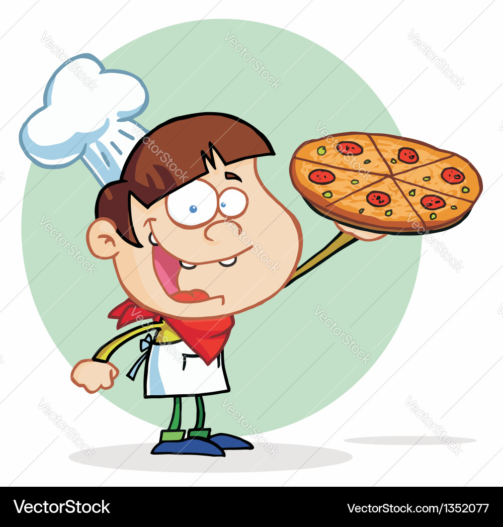Boy chef showing a delicious pizza Vector Image