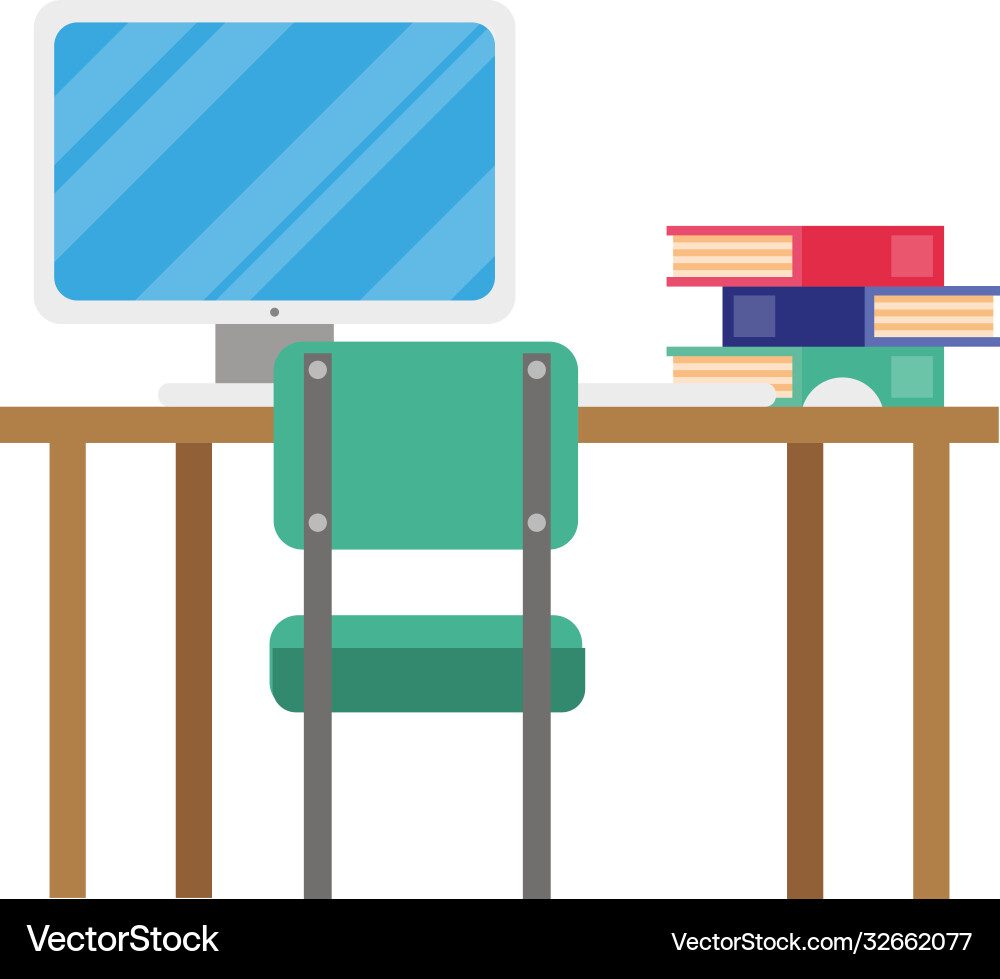 Desktop computer technology in desk with pile Desktop computer technology in desk with pile Vector Image