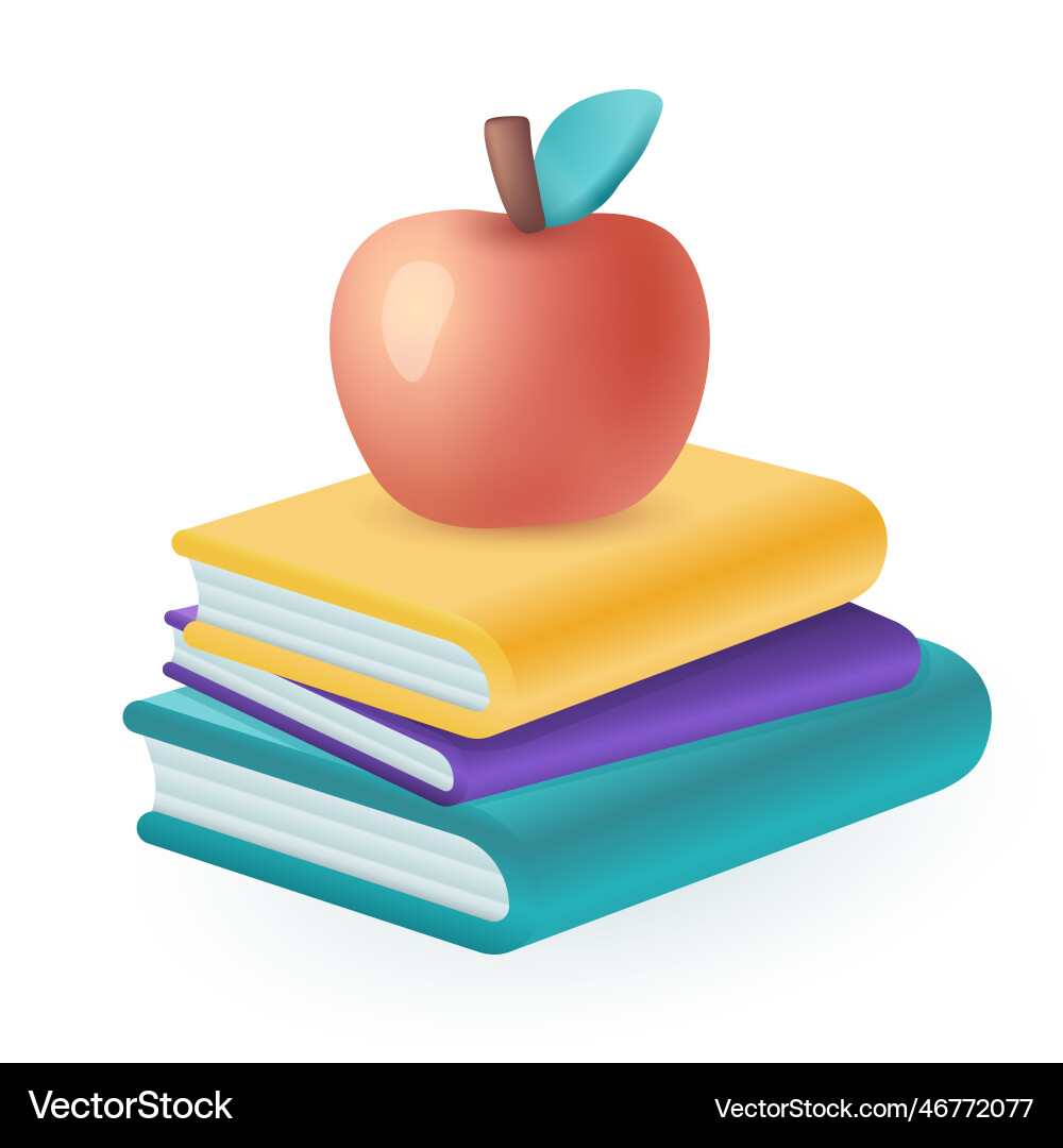 Red apple on stack of paper books from library 3d Vector Image