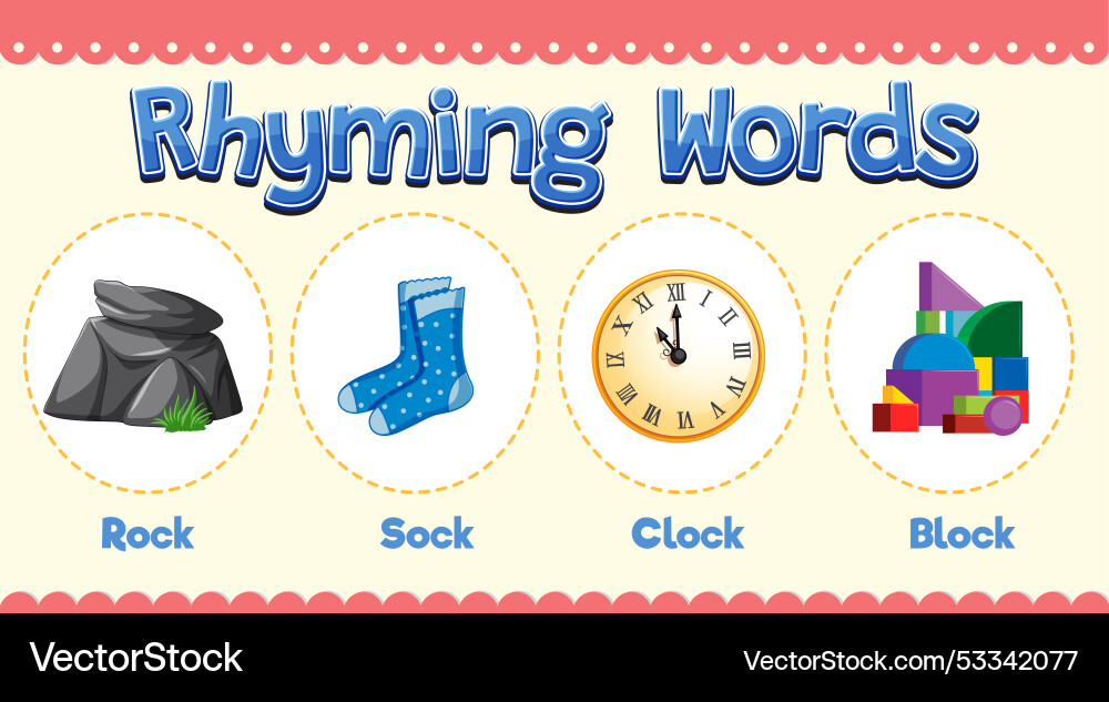 Rock sock clock and block rhyming words vector image