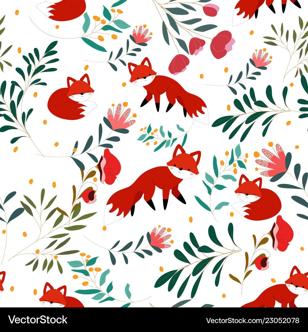 Cute fox in flower seamless pattern Vector Image