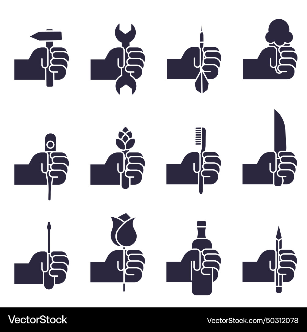 Full icons of various objects in human hands Vector Image