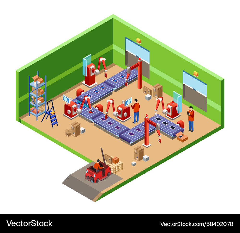 Isometric automatic robotic assembly line Isometric automatic robotic assembly line Vector Image