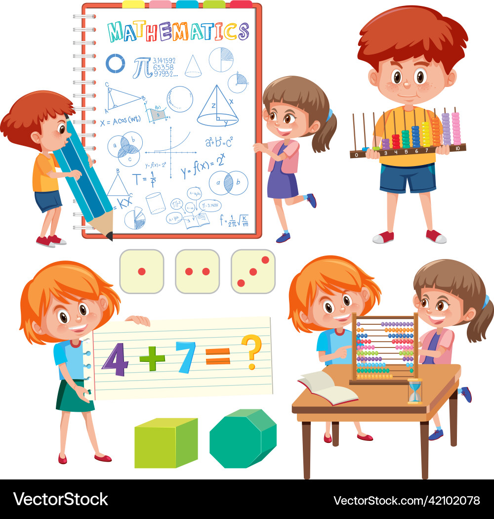 Math classroom objects with supplies and students Math classroom objects with supplies and students vector image