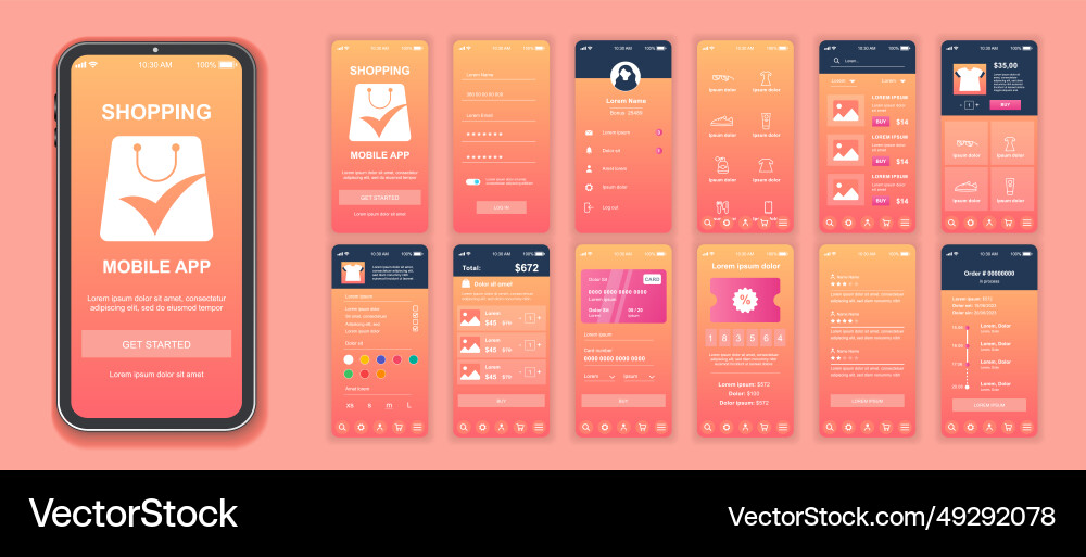 Shopping mobile app interface screens template set Shopping mobile app interface screens template set vector image