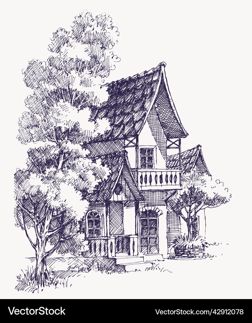 Wooden house lodge or cabin oak trees hand Wooden house lodge or cabin oak trees hand vector image