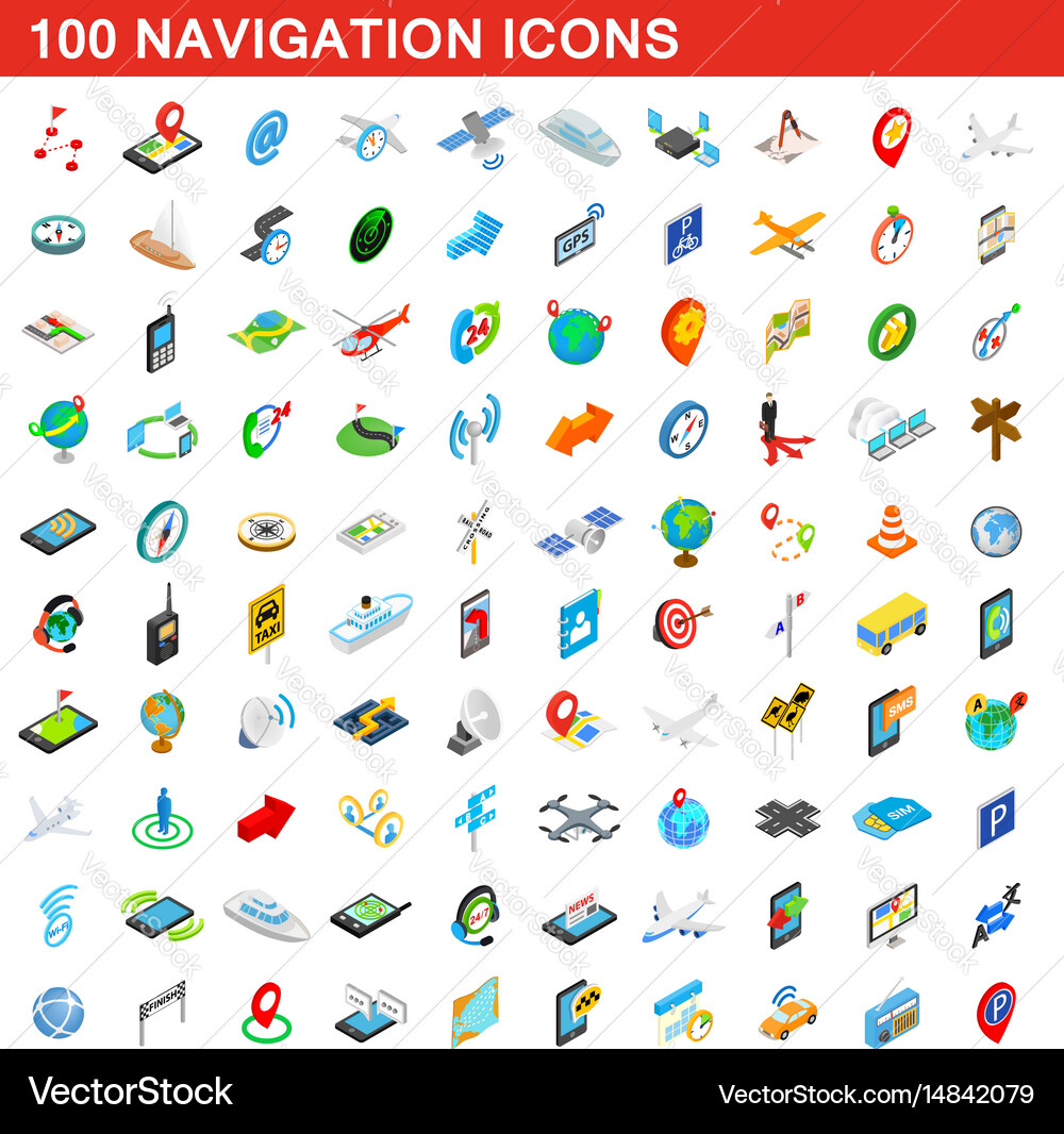 100 navigation icons set isometric 3d style Vector Image