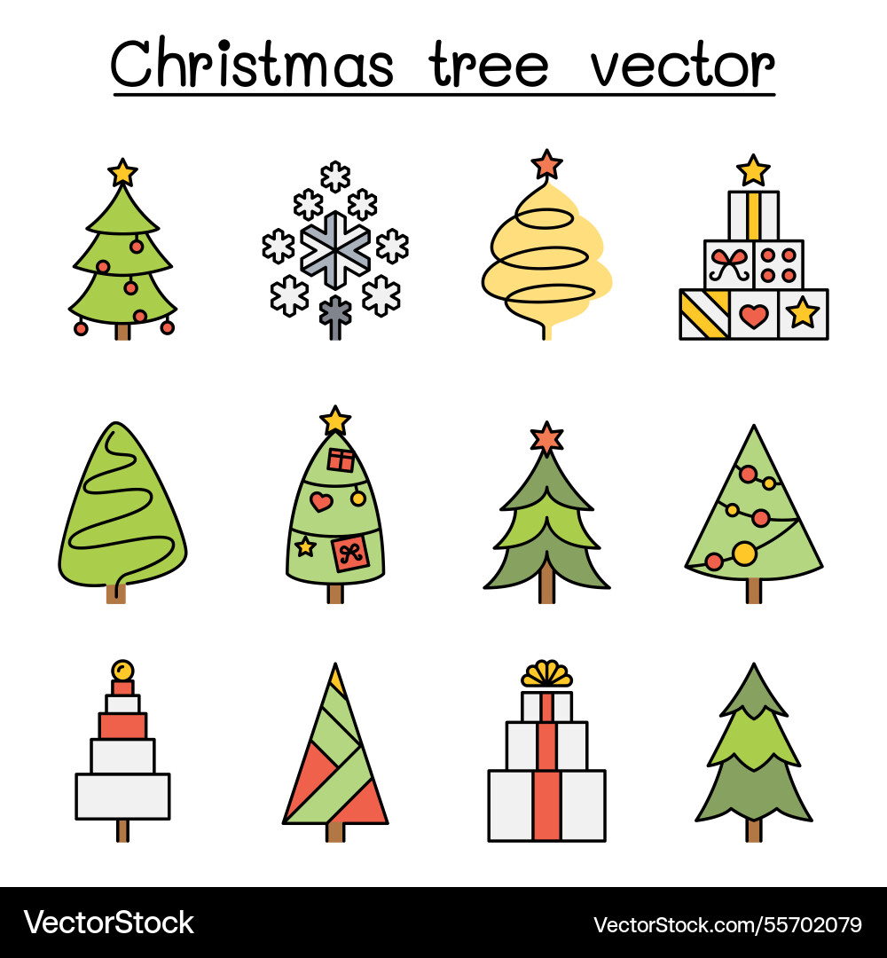 Christmas tree icon set in colorline style Christmas tree icon set in colorline style vector image