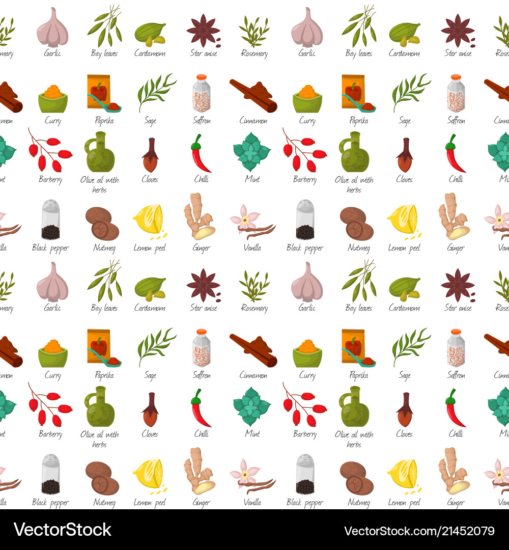 Spices condiments seamless pattern background Spices condiments seamless pattern background Vector Image
