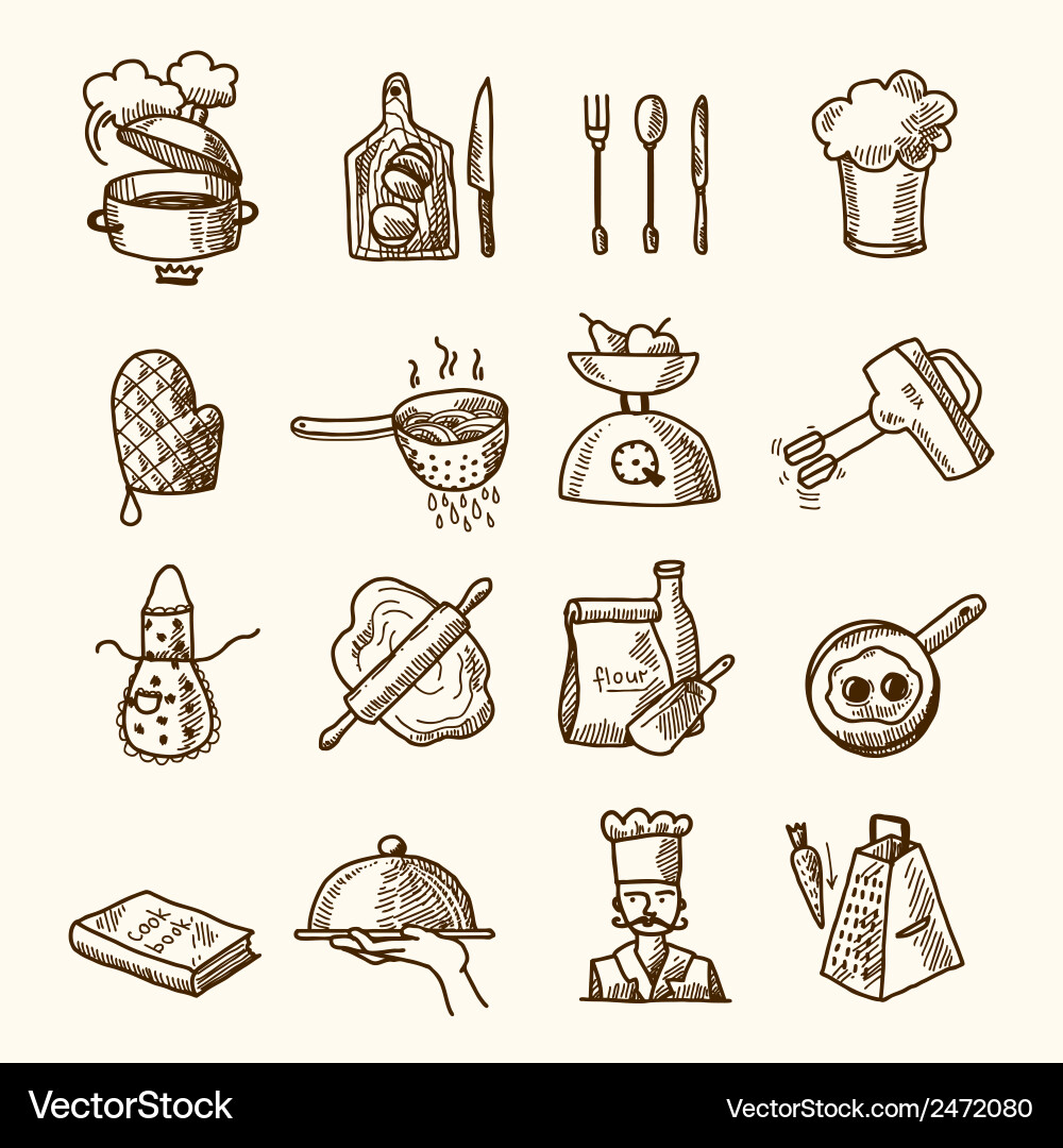 Cooking Sketch Icons - Food & Kitchen Vector Image
