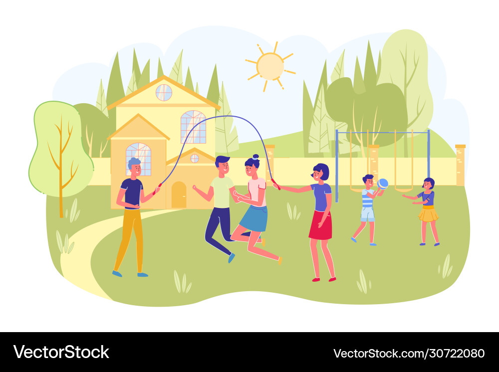 Jungen und Mädchen auf Kinder Sommercamp Spielplatz Jungen und Mädchen auf Kinder Sommercamp Spielplatz vektorbild