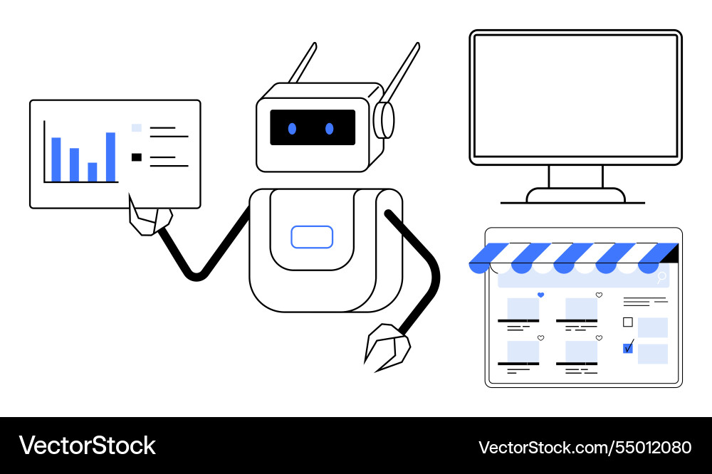 Robot Analyse von Daten auf Tablet mit Computer Robot Analyse von Daten auf Tablet mit Computer vektorbild